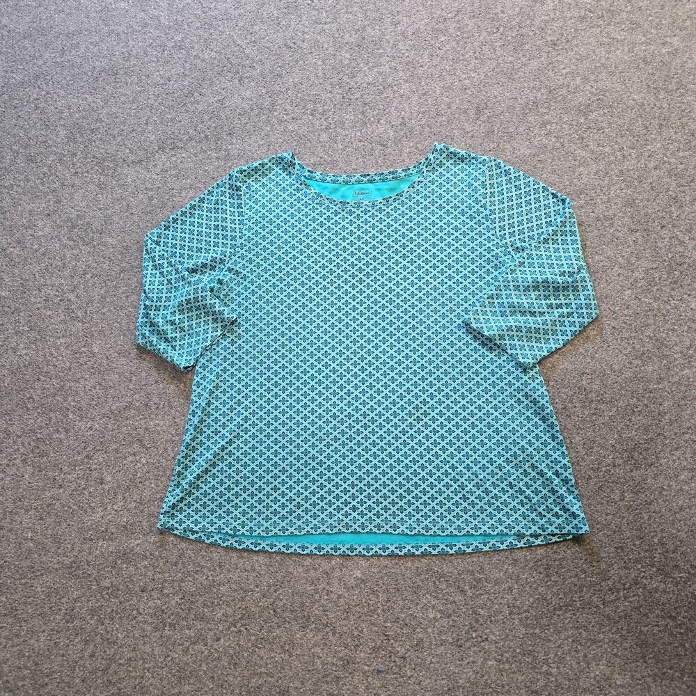 LL Bean Top Womens Size 1X Green Floral Supima Cotton 3/4 Sleeve Casual Comfort